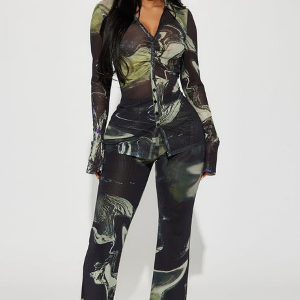 Fashion Nova Black and Green Camouflage Jumpsuit with Collared Front